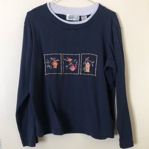 Shenanigans navy long sleeve tee shirt with embroidered birdhouses on front